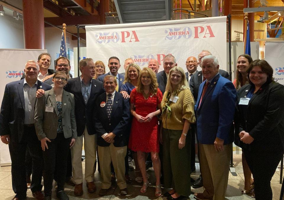 Staff, commissioners and local leaders involved with the America250PA initiative are shown at a launch event at the Tom Ridge Environmental Center on Thursday.