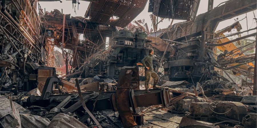 A Ukrainian serviceman pictured on the ruins of Azovstal steel mill in Mariupol