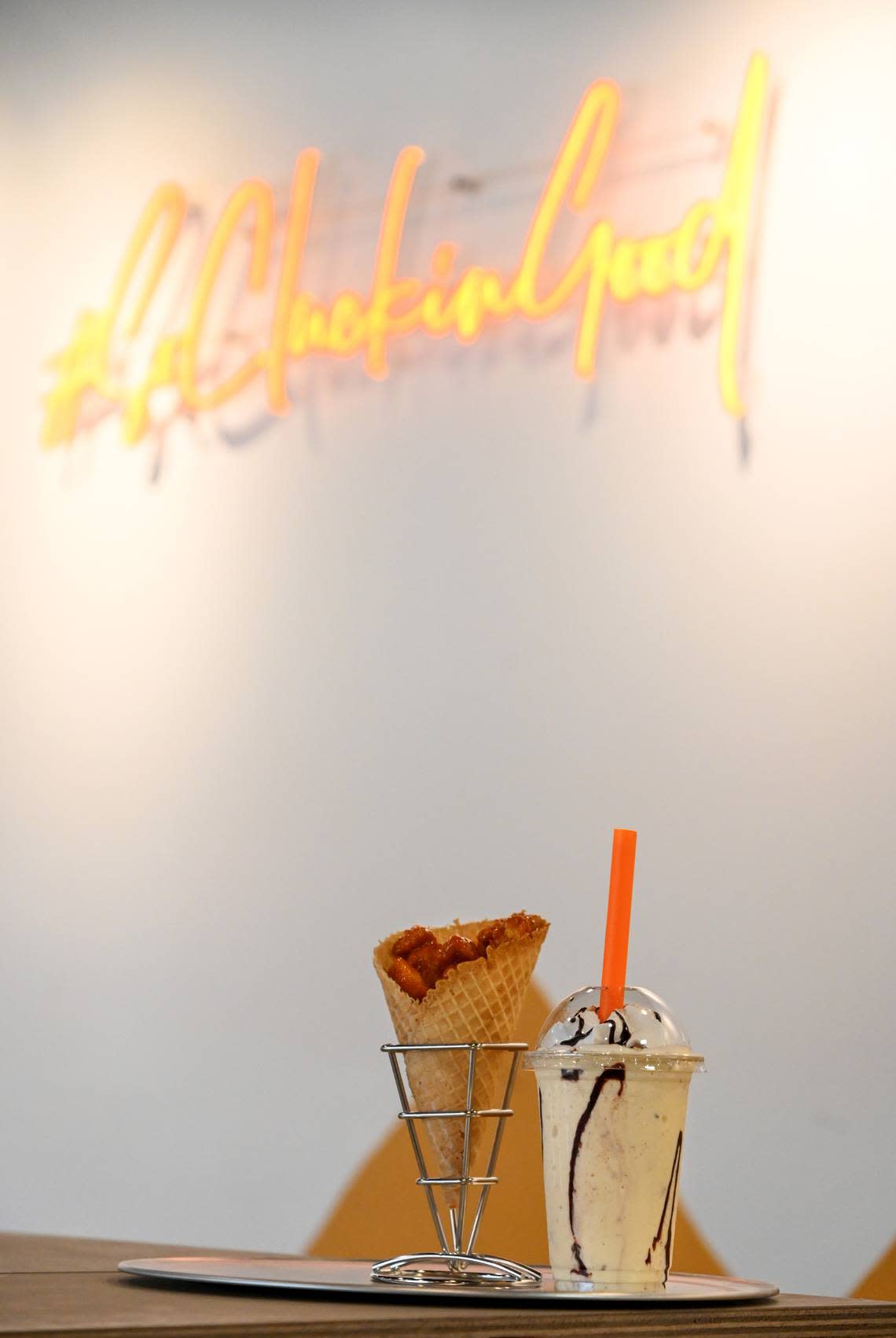 Yell barbecue Chick’nCone with a chocolate waffle crunch shake at Chick’nCone that opens Saturday at 860 Forsyth St. in Macon.