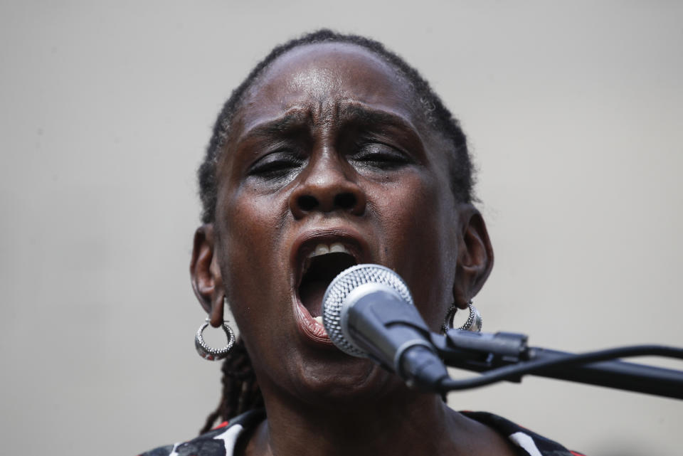 Chirlane McCray, wife of New York City Mayor Bill de Blasio, speaks at a memorial for George Floyd, at Cadman Plaza Park in the Brooklyn borough of New York, on Thursday, June 4, 2020. Floyd, an African American man, died on May 25 after a white Minneapolis police officer pressed a knee into his neck for several minutes even after he stopped moving and pleading for air. (AP Photo/John Minchillo)