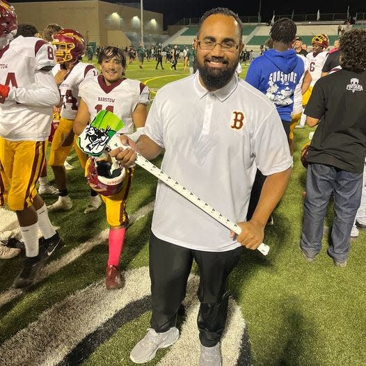 Barstow High School’s Clayton Leleimene is one of two High Desert football coaches vying for the Los Angeles Rams High School Coach of the Year crown.