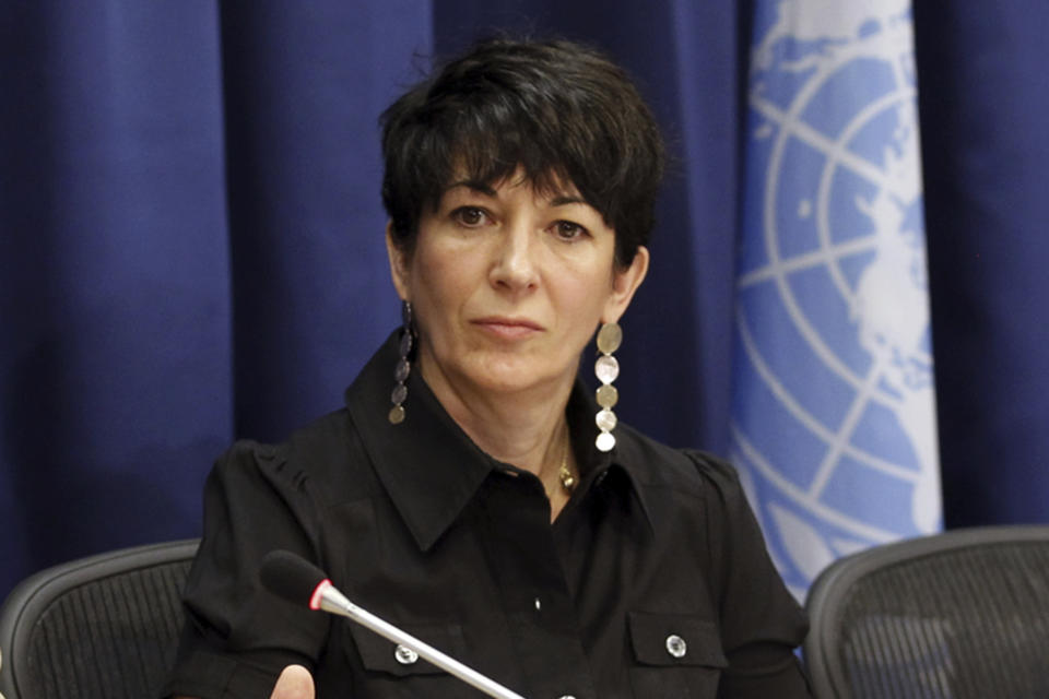FILE — In this June 25, 2013 file photo, Ghislaine Maxwell, founder of the TerraMar Project, attends a press conference on the Issue of Oceans in Sustainable Development Goals, at United Nations headquarters. Despite his suicide, disgraced financier Jeffrey Epstein will still be put on trial in a sense in the coming weeks by a proxy: his former girlfriend, Ghislaine Maxwell. The 59-year-old Maxwell is to go before a federal jury in Manhattan later this month on charges she groomed underage victims to have unwanted sex with Epstein. (United Nations Photo/Rick Bajornas via AP)