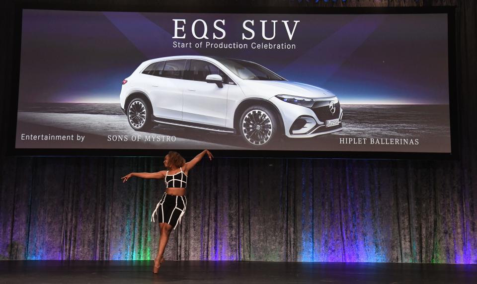 A dancer with the Hiplet Ballerinas performs during the unveiling of the new electric EQS SUV on Aug. 25, 2022, at the Mercedes-Benz U.S. International factory in Tuscaloosa County.