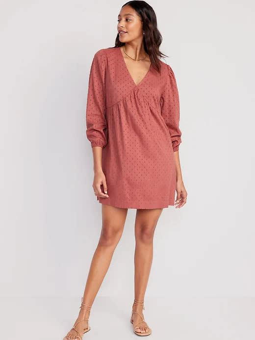 Long-Sleeve V-Neck Clip-Dot Mini Swing Dress. Image via Old Navy.