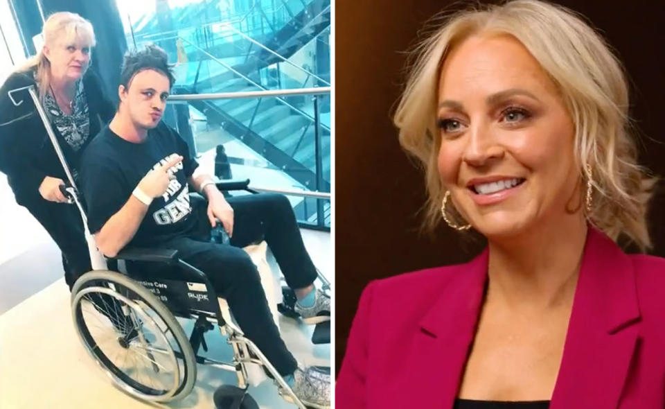 L: Johnny Ruffo gets pushed in a wheelchair by his mum. R: Carrie Bickmore smiles in an interview