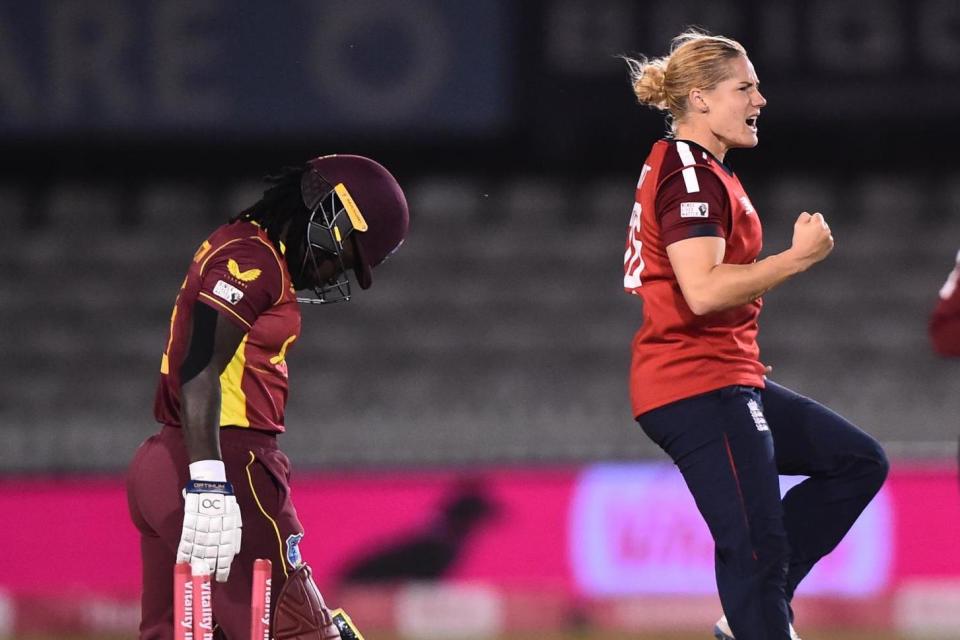 Katherine Brunt took the key wicket of Deandra Dottin in the first over of West Indies' chase in Derby (Getty Images)