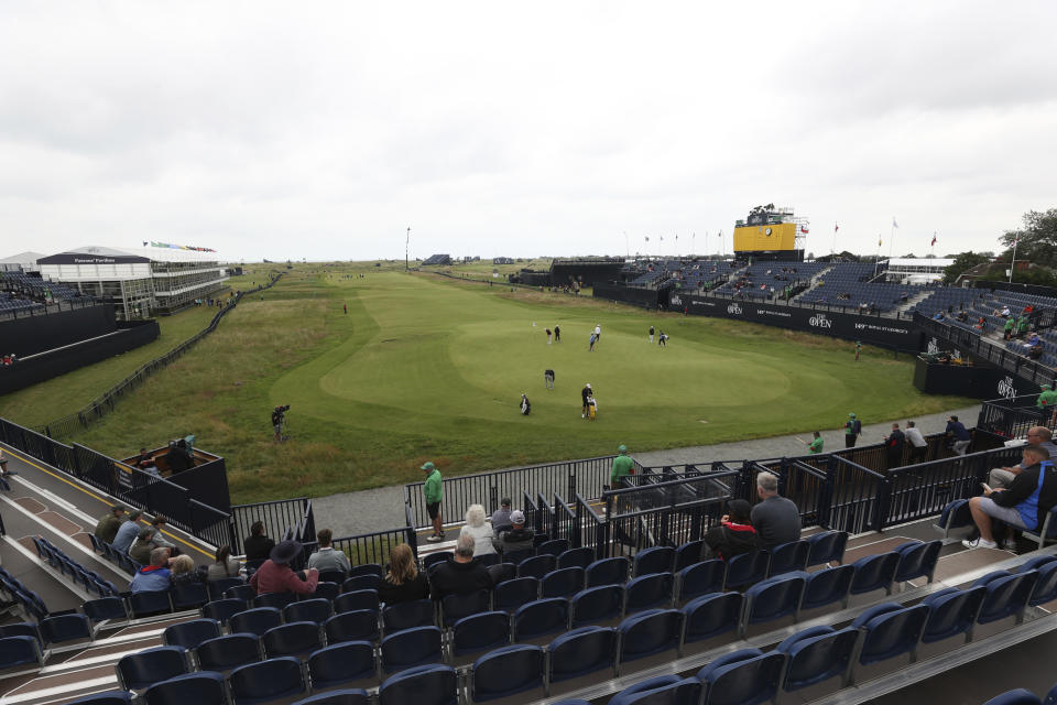 A general view of the 18th green and fairway at Royal St George's golf course Sandwich, England, where British Open Golf Championship, is taking place, Wednesday, July 14, 2021. The Open starts Thursday, July, 15. (AP Photo/Ian Walton)