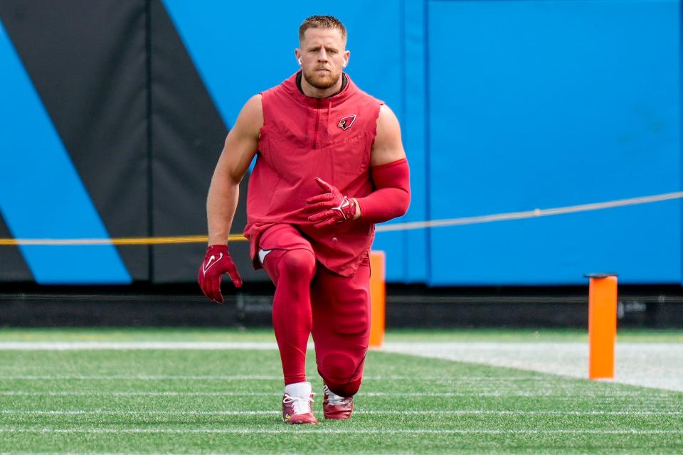 Arizona Cardinals defensive end J.J. Watt stretches before the Oct. 2 game against the Carolina Panthers.