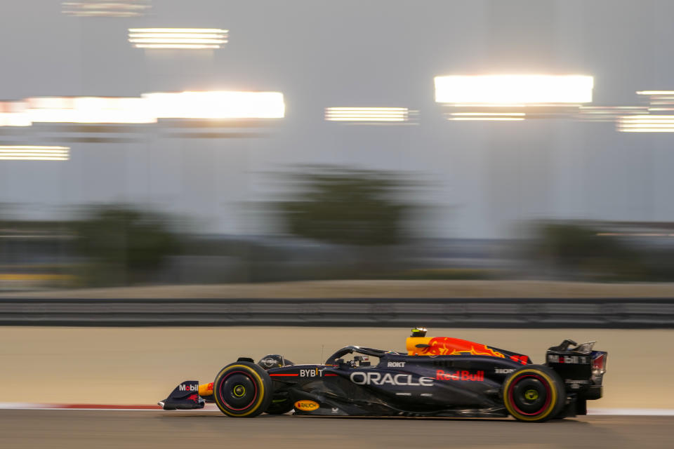 Red Bull driver Sergio Perez of Mexico steers his car for a Formula One pre season test at the Bahrain International Circuit in Sakhir, Bahrain, Thursday, Feb. 22, 2024. (AP Photo/Darko Bandic)