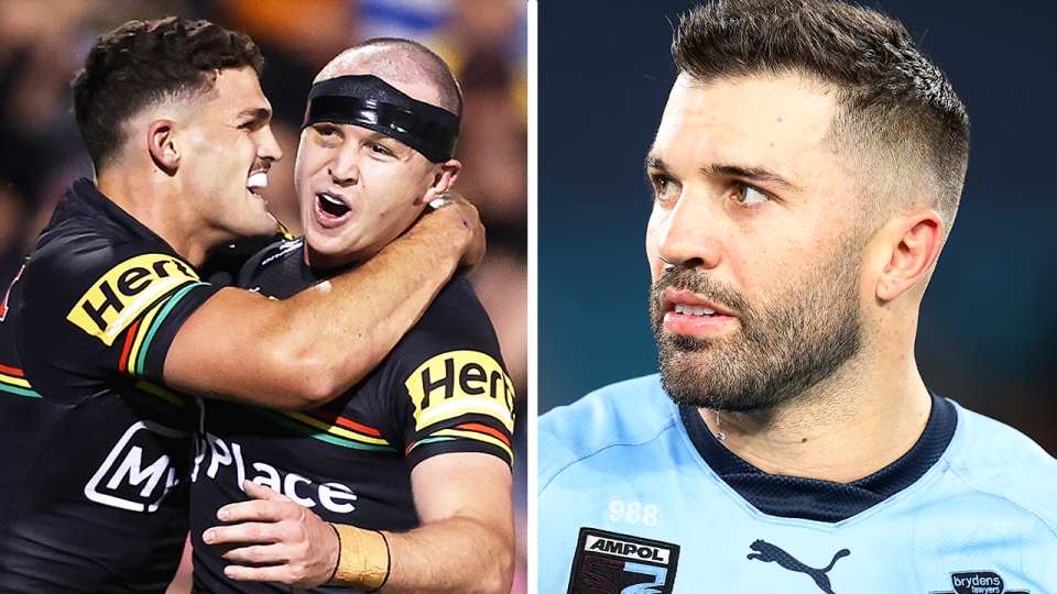Dylan Edwards and Nathan Cleary celebrate and James Tedesco reacts.