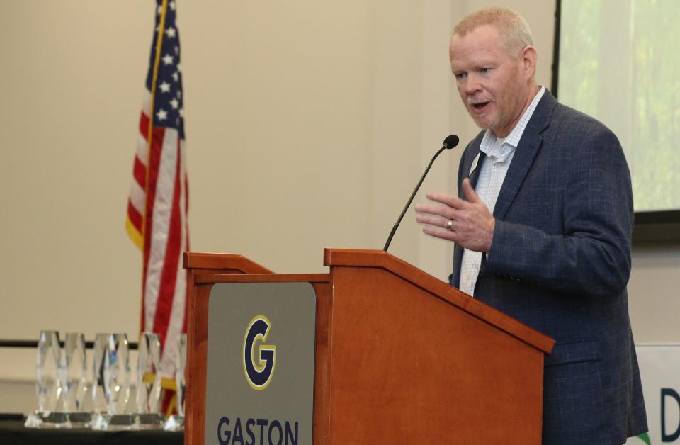 Gaston College President Dr. John Hauser talks about giving back into the community during a Nov. 11, 2021, event at the Myers Center on the campus of Gaston College.