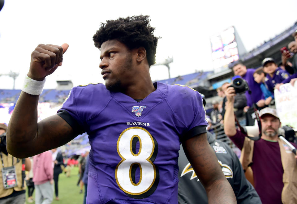 Lamar Jackson's performance with his arm and legs Sunday marked a first in the Super Bowl era. (Getty)