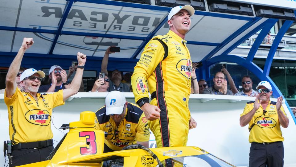 Team Penske driver Scott McLaughlin (3) yells in excitement after winning pole position Sunday, May 19, 2024, during qualifying for the 108th running of the Indianapolis 500 at Indianapolis Motor Speedway.