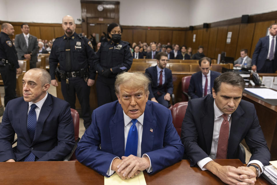 Former President Donald Trump appears at Manhattan criminal court before his trial in New York, Friday,, May 3, 2024. (Jeenah Moon/Pool Photo via AP)