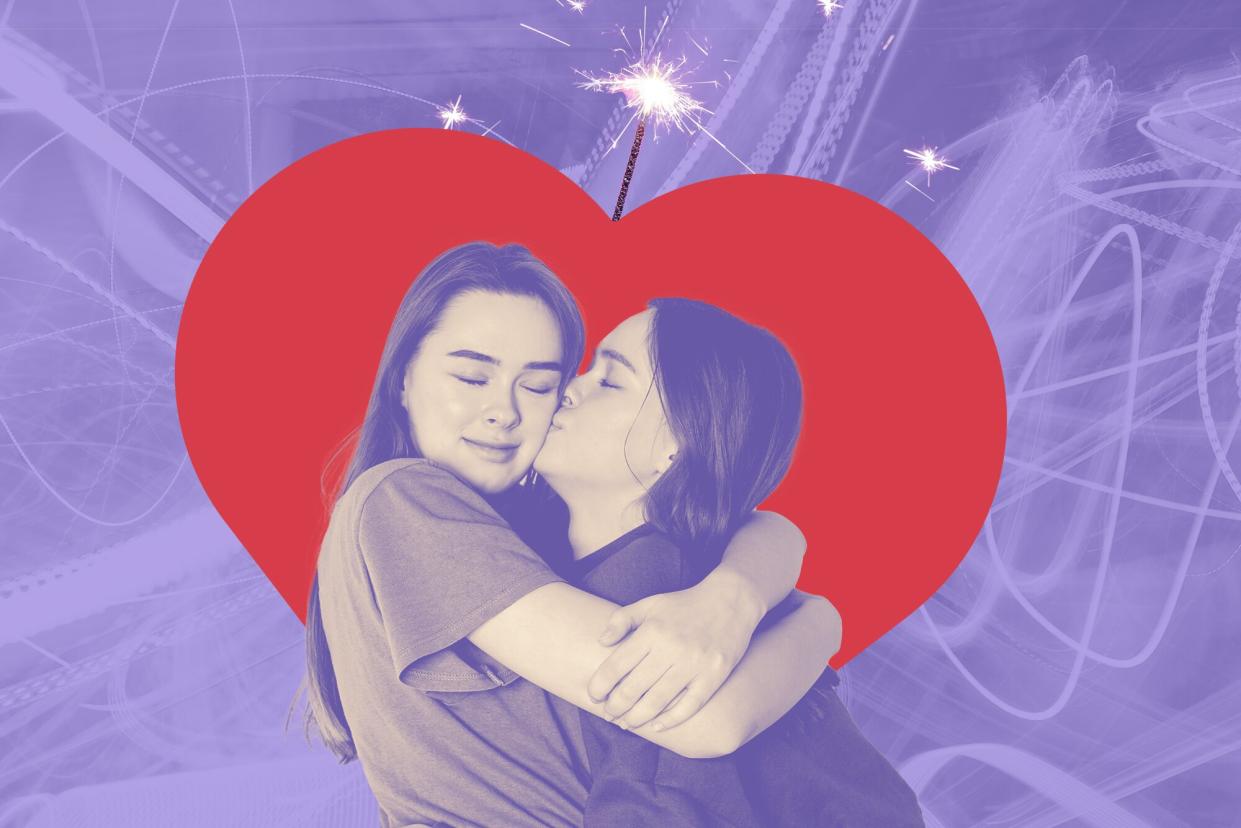 What Is Love Bombing? , Young Lesbian Couple Embracing with heart background and sparks