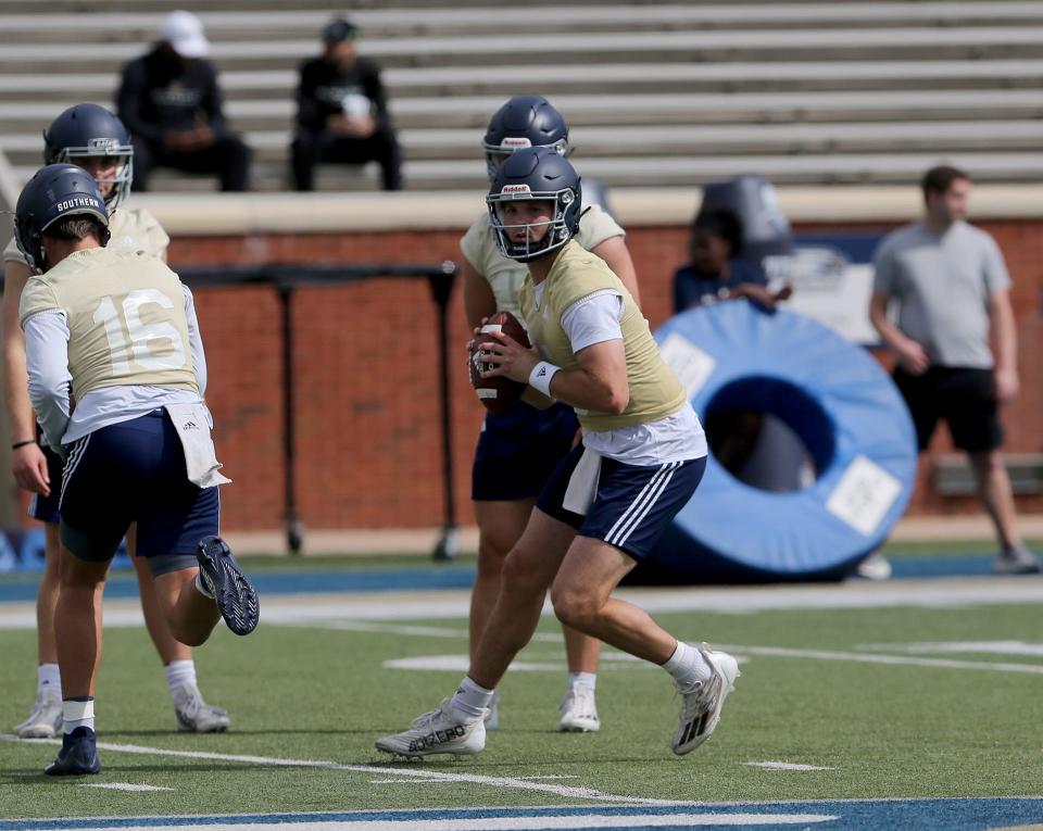 Georgia Southern quarterback Davis Brin runs a drill during the Eagle’s first spring practice on Saturday March 25, 2023 at Paulson Stadium. Credit: Richard Burkhart/Savannah Morning News-USA TODAY NETWORK