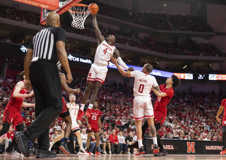 Nebraska's Juwan Gary (4) shoots against Rutgers during the first half of an NCAA college basketball game Sunday, March 3, 2024, in Lincoln, Neb. (AP Photo/Rebecca S. Gratz)