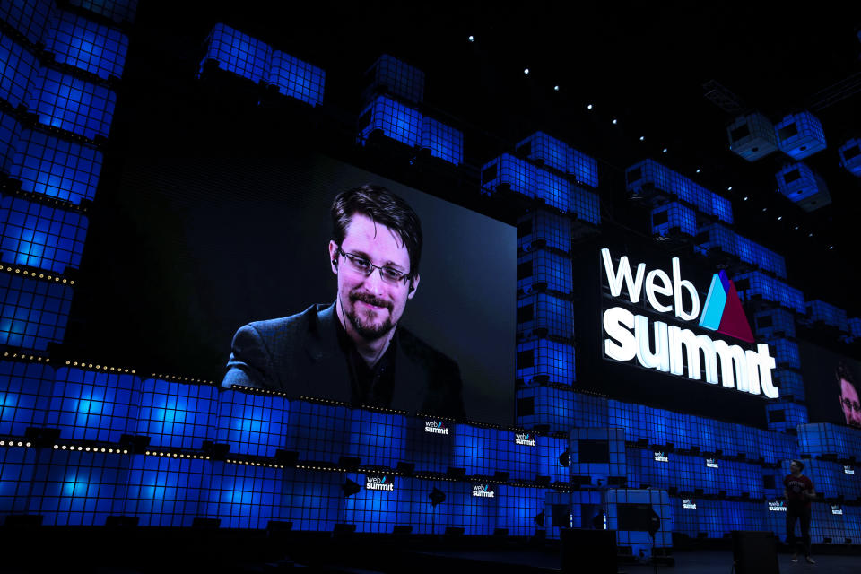 US whistleblower Edward Snowden holds a video-conference during the Web Summit in Lisbon on November 4, 2019. Photo: CARLOS COSTA/AFP via Getty Images
