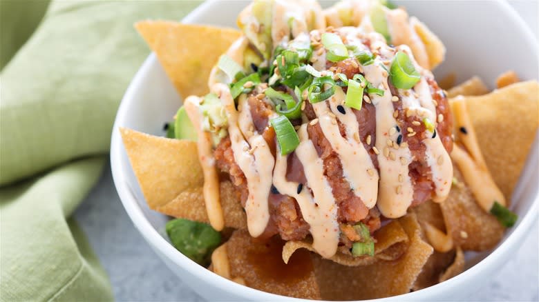 Poke nachos on wonton strips