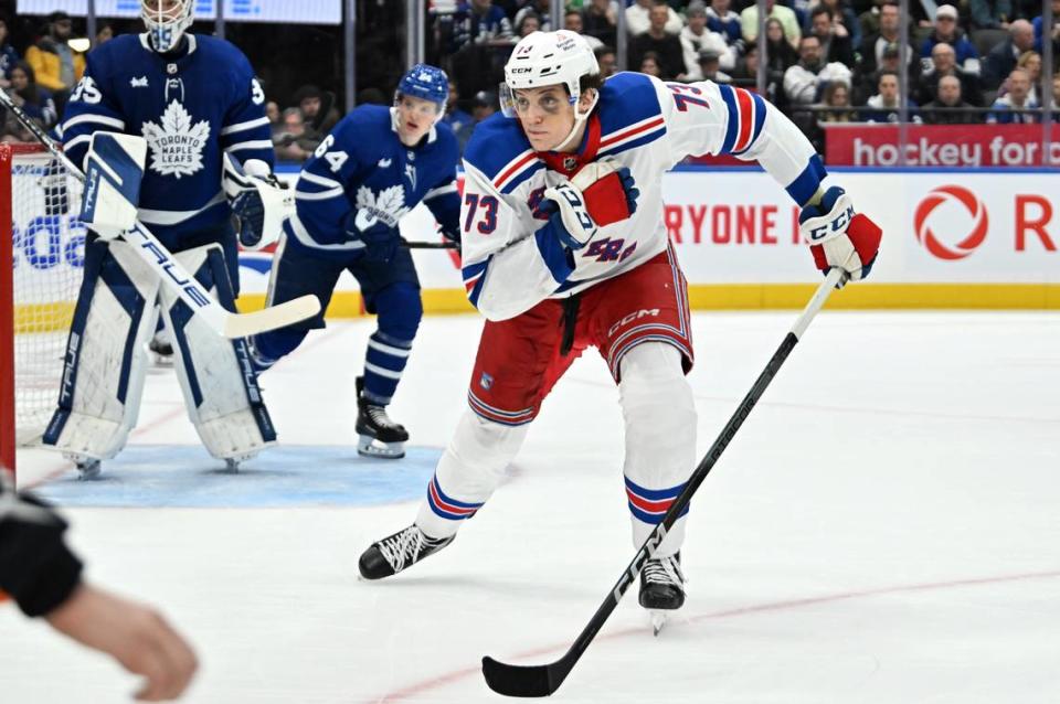 New York Rangers forward Matt Rempe (73) pursues the play against the Toronto Maple Leafs in the third period at Scotiabank Arena.