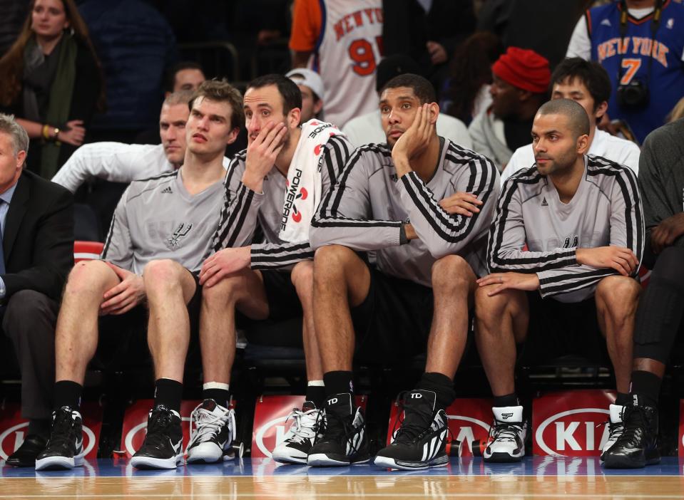 NEW YORK, NY - JANUARY 03: The San Antonio Spurs bench waits for the end of the game late in the fourth quarter against the New York Knicks at Madison Square Garden on January 3, 2013 in New York City. NOTE TO USER: User expressly acknowledges and agrees that, by downloading and/or using this photograph, user is consenting to the terms and conditions of the Getty Images License Agreement. The Knicks defeated the Spurs 100-83. (Photo by Bruce Bennett/Getty Images)