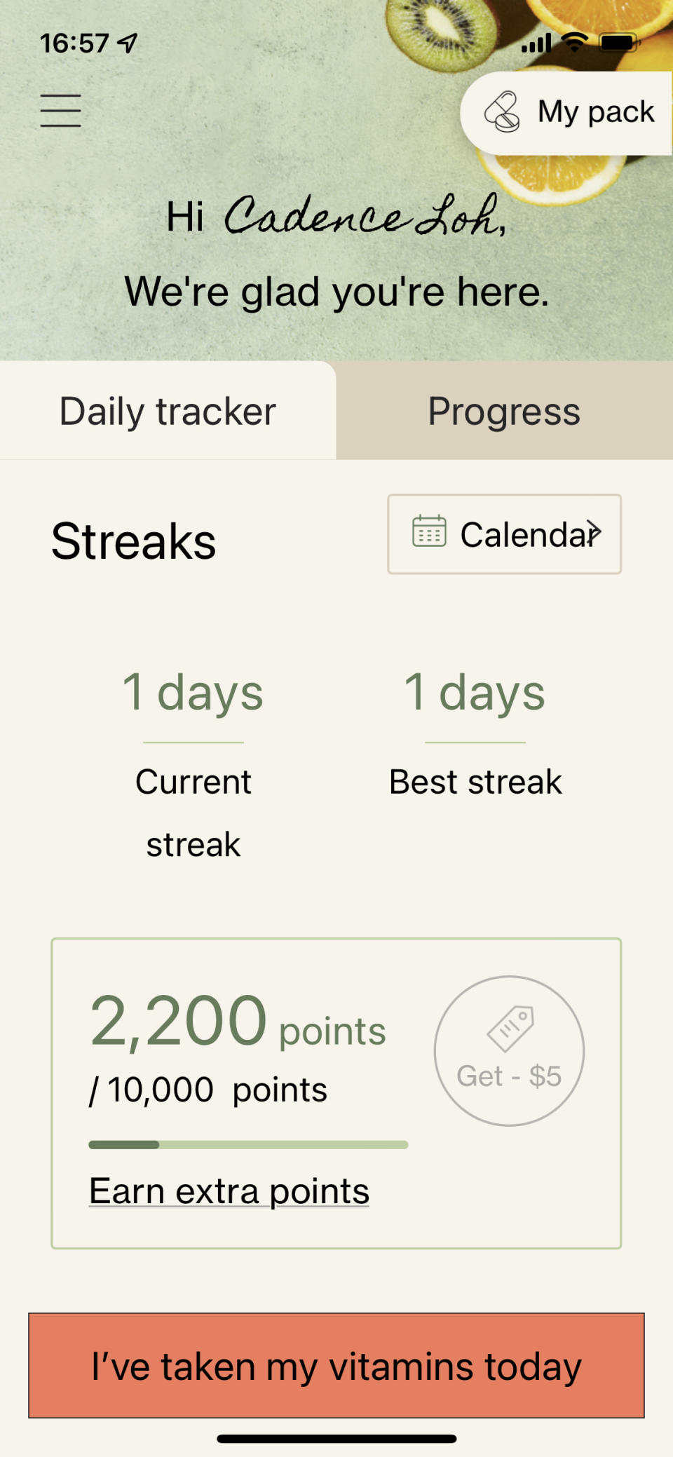 A screenshot of the Vitable app that helps you track your health progress as well as earn points. 