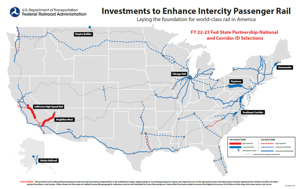 A map of Biden administration passenger rail projects in the US (WhiteHouse.Gov)