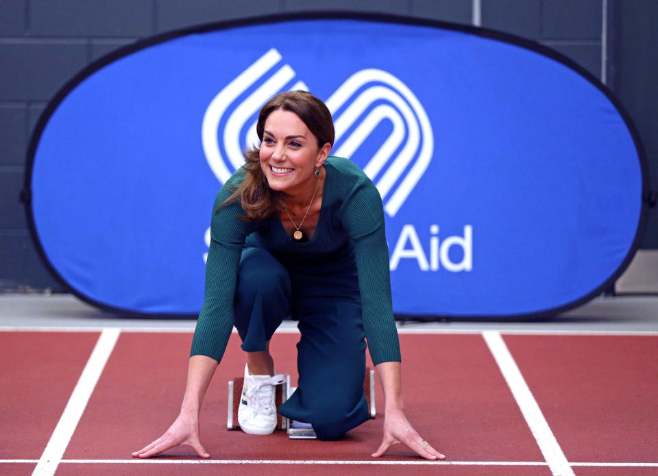 LONDON, ENGLAND - FEBRUARY 26: Catherine, Duchess of Cambridge is seen during a SportsAid Stars event at the London Stadium in Stratford on February 26, 2020 in London, England. (Photo by Yui Mok - WPA Pool/Getty Images)