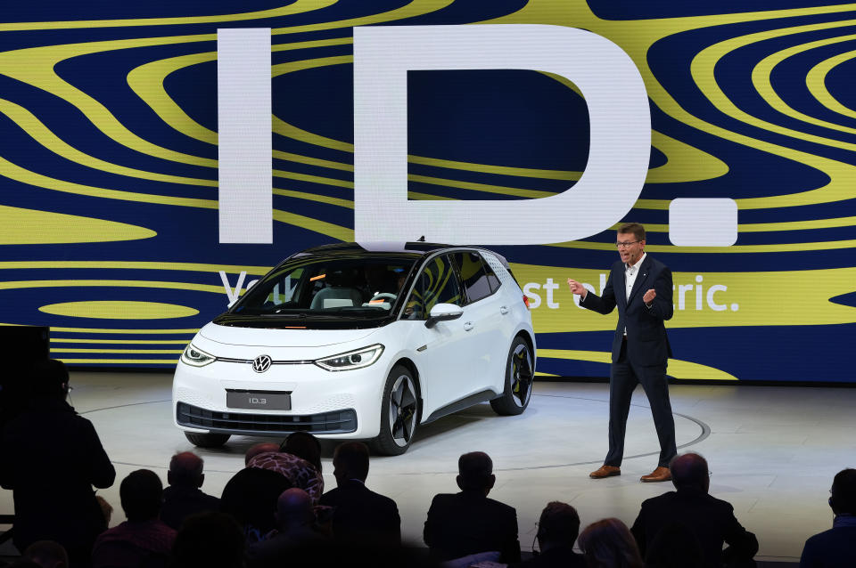 FRANKFURT AM MAIN, GERMANY - SEPTEMBER 10: Volkswagen presents the new Volkswagen ID.3 electric car at the 2019 IAA Frankfurt Auto Show on September 10, 2019 in Frankfurt am Main, Germany. The IAA will be open to the public from September 12 through 22. (Photo by Sean Gallup/Getty Images)