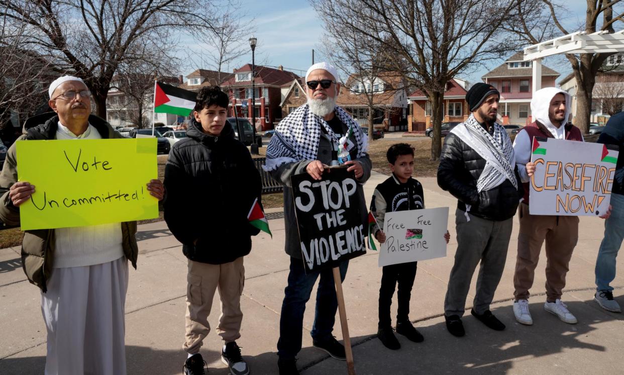 <span>‘Uncommitted’ supporters hold a rally ahead of Michigan's Democratic presidential primary election in Hamtramck on Sunday.</span><span>Photograph: Rebecca Cook/Reuters</span>