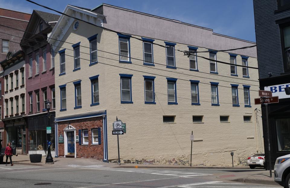 This is the corner of Spring and Moran streets in Newton showing the building at 15 Spring St., where the town has commissioned a 14-by- 60 foot mural to be installed on the wall, below the eyebrow windows. Installation is expected to be completed in October.