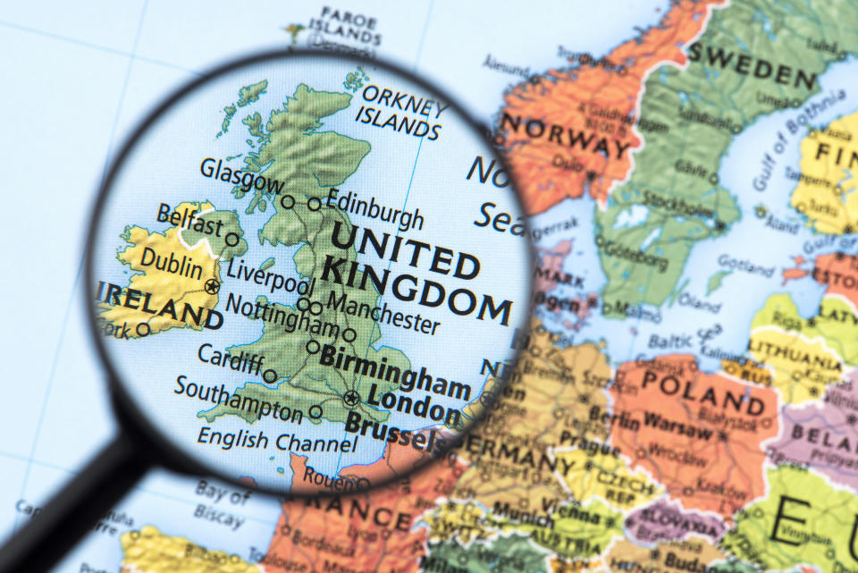 Map of United Kingdom. Detail from the World Atlas. Selective Focus.