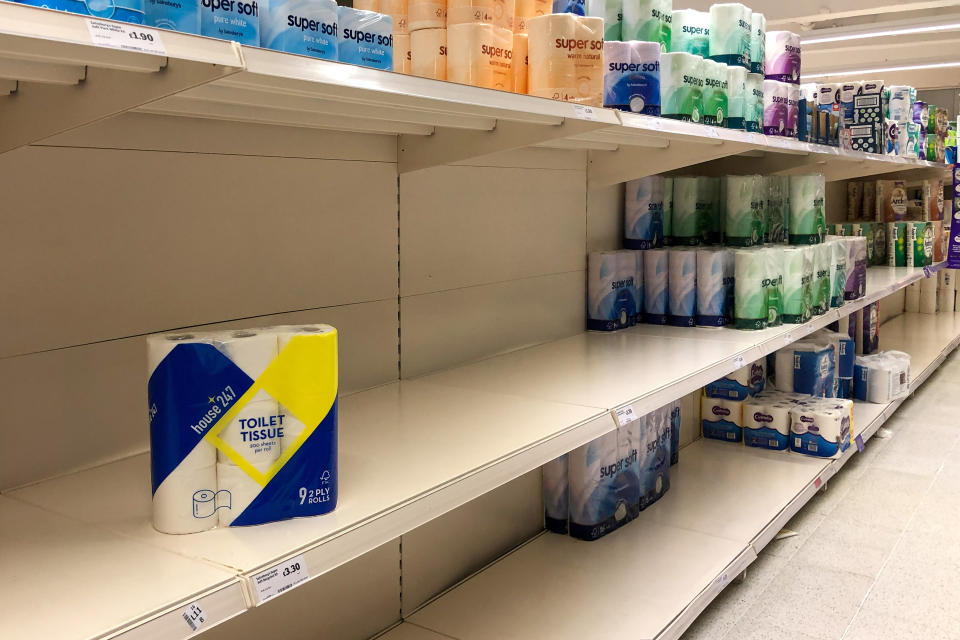 A shortage of toilet rolls on the shelves at a Sainsbury's supermarket in Cambridge, as Prime Minister Boris Johnson announces the government's coronavirus action plan.