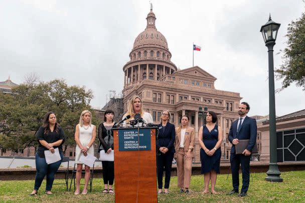 PHOTO: Lauren Miller, a plaintiff in the case, speaks on the lawn of the Texas State Capitol, March 7, 2023, in Austin, Texas. (Suzanne Cordeiro/AFP via Getty Images)