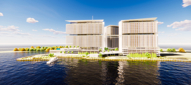 A rendering of Battleship Point, a proposed multi-use development on the western bank of the Cape Fear River.
