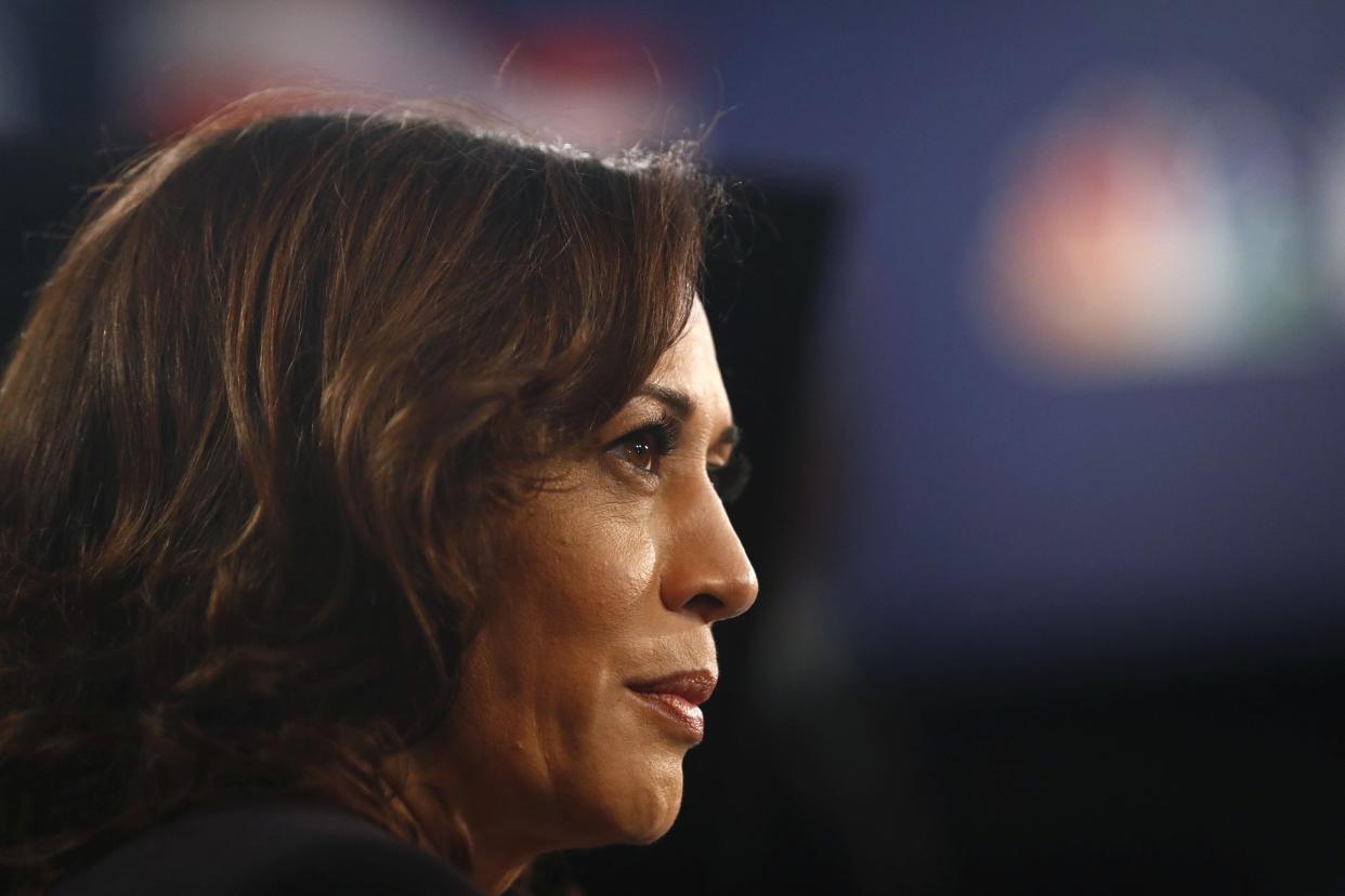 Democratic presidential candidate Sen. Kamala Harris, D-Calif., listens to questions in the spin room after the Democratic primary debate hosted by NBC News at the Adrienne Arsht Center for the Performing Art, Thursday, June 27, 2019, in Miami.