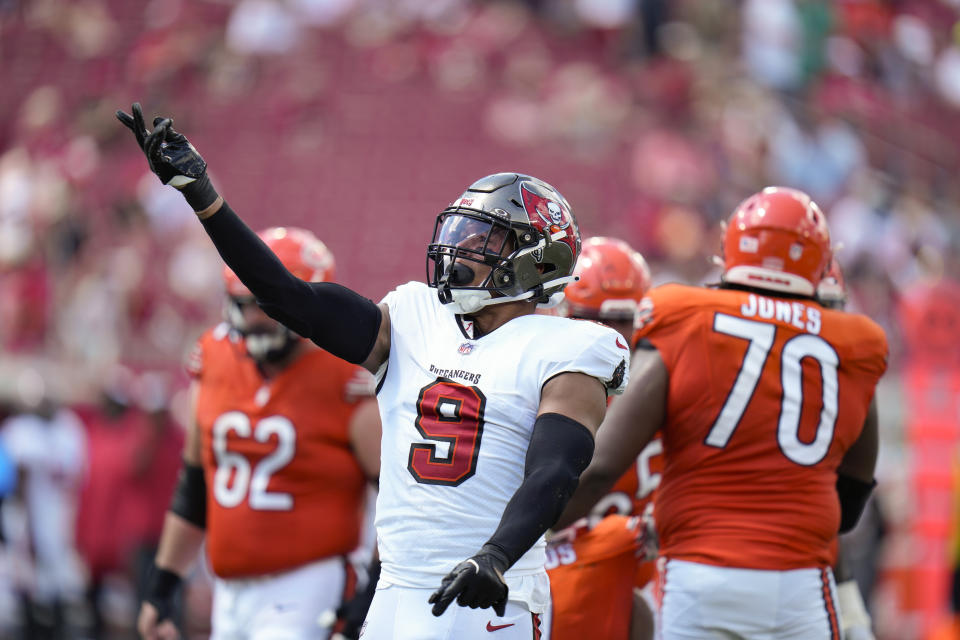 Tampa Bay Buccaneers linebacker Joe Tryon-Shoyinka (9) celebrates after sacking Chicago Bears quarterback Justin Fields (1) during the second half of an NFL football game, Sunday, Sept. 17, 2023, in Tampa, Fla. (AP Photo/Chris O'Meara)