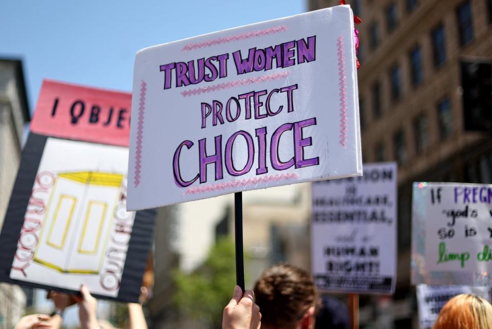 Protestors demonstrate at the March for Reproductive Rights organized by Women's March L.A. on April 15, 2023 in Los Angeles, California (Getty Images)