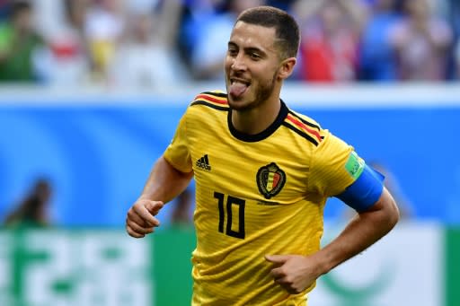 Belgium forward Eden Hazard celebrates after scoring against England in the World Cup third place play-off