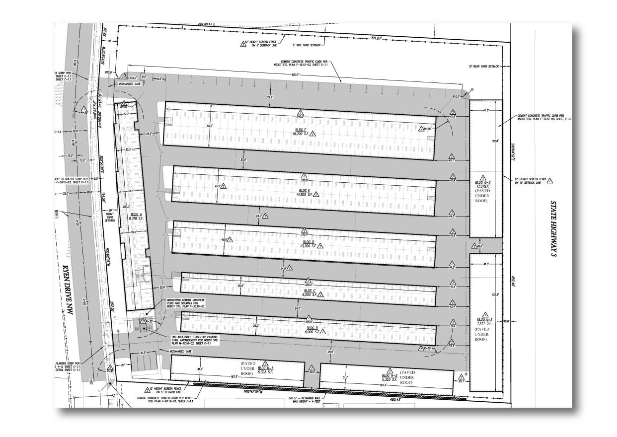 A view of the site plan for a new storage complex off Highway 3, near Poulsbo city limits.