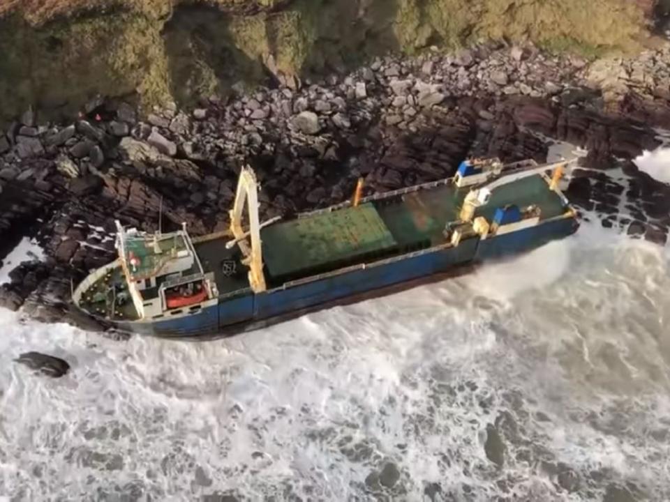 The abandoned MV Alta cargo ship washed up on rocks near Ballycotton, County Cork, Ireland, 16 February, 2020, after drifting across the Atlantic over the course of more than a year: Irish Coast Guard