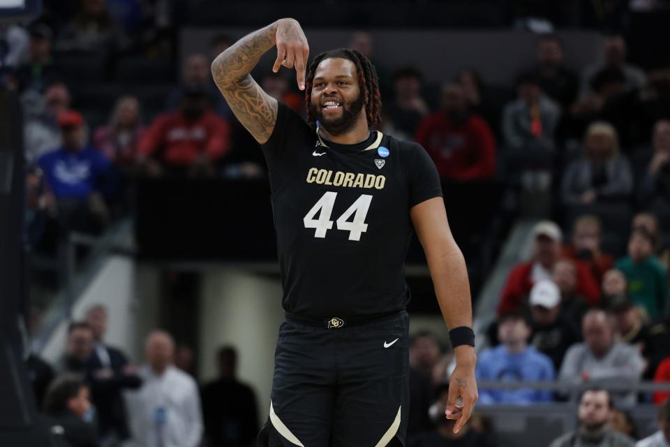 Colorado Buffaloes center Eddie Lampkin Jr. (44) reacts in the second half against the Florida Gators in the first round of the 2024 NCAA Tournament at Gainbridge FieldHouse on March 22 in Indianapolis, IN.