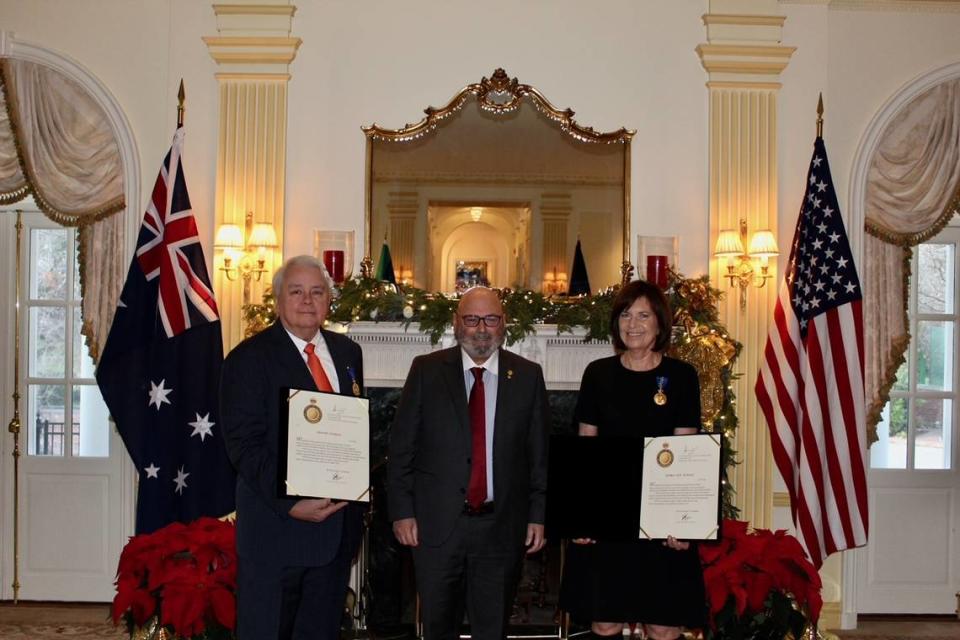 Australian Ambassador to the United States Arthur Sinodinos AO honored Miami arts leaders Dennis and Debra Scholl as Members of the Order of Austrailia for their efforts to collect, donate and promote contemporary aboriginal artwork.