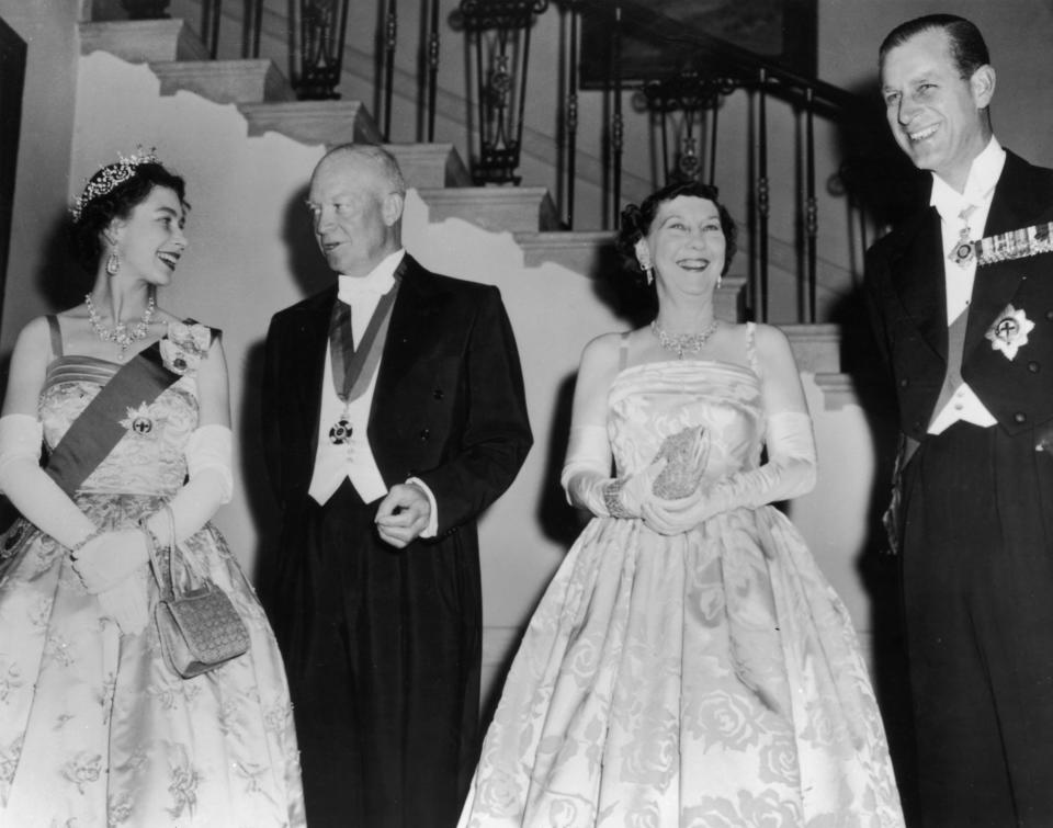 20th October 1957: Queen Elizabeth II, US president Dwight D Eisenhower (1890 - 1969) with his wife Mamie (1896 - 1979) and Prince Philip, Duke of Edinburgh at a White House State banquet.