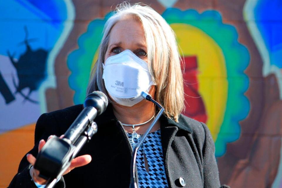 A public health emergency first declared nearly two years ago by New Mexico Gov. Michelle Lujan Grisham, seen in Albuquerque, New Mexico, on Thursday, Jan. 13, 2022, has survived court challenges. A proposed constitutional amendment seeks to set legislative checks on states of emergency.