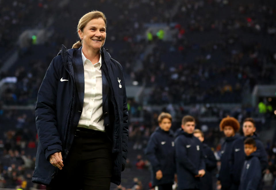 LONDON, ENGLAND - NOVEMBER 17: Former USA Women's team manager Jill Ellis during the Barclays FA Women's Super League match between Tottenham Hotspur and Arsenal at Tottenham Hotspur Stadium on November 17, 2019 in London, United Kingdom. (Photo by Catherine Ivill/Getty Images)