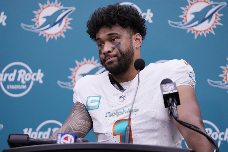 Miami Dolphins quarterback Tua Tagovailoa speaks after an NFL football game, Monday, Jan. 8, 2024, in Miami Gardens, Fla. The Bills defeated the Dolphins 21-14. (AP Photo/Wilfredo Lee)