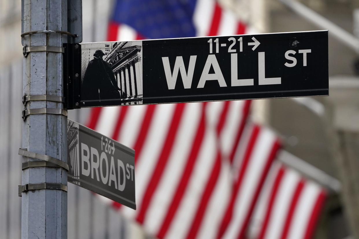 In this Nov. 23, 2020, file photo, a Wall Street sign is displayed outside of the New York Stock Exchange in New York. 