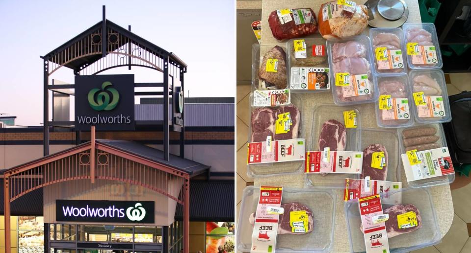 Side-by-side image. Left: Woolworths store front. Right: Discounted meat products from Woolworths on a table