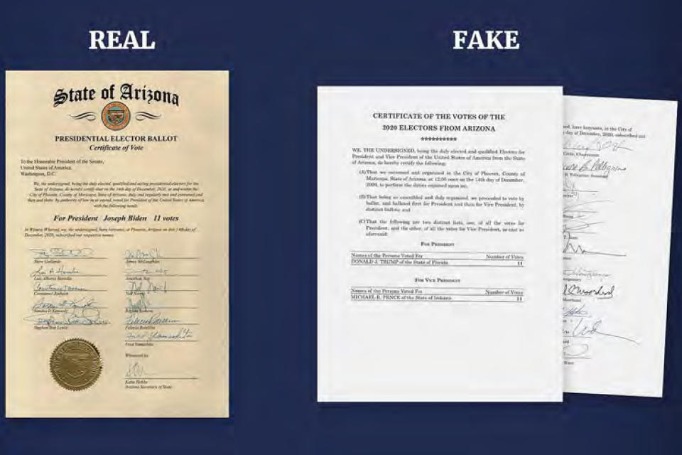 This image released in the final report by the House select committee investigating the Jan. 6 attack on the U.S. Capitol, on Dec. 22, 2022, shows a graphic that illustrates the difference between real and fake Presidential Elector Ballots from Arizona. An Arizona grand jury's indictment of 18 people who either posed as or helped organize a slate of electors claiming Donald Trump won the state in 2020 could help shape the landscape of challenges to the 2024 election. (House Select Committee via AP)